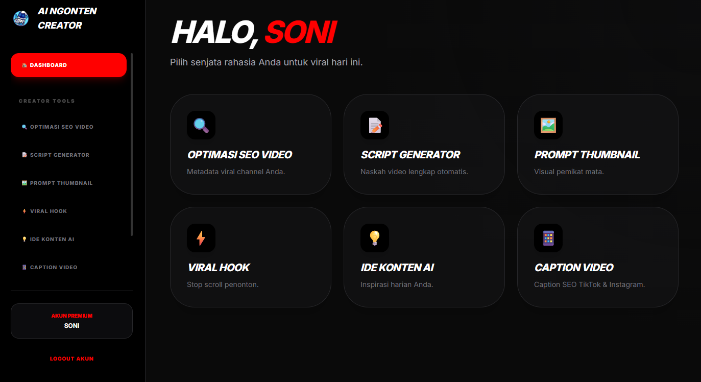 Tampilan Dashboard Ai Ngonten Creator